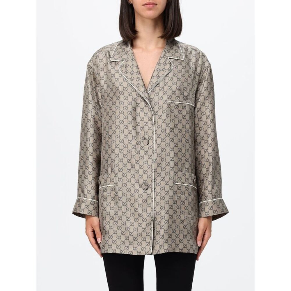 Gucci Women Gg Monogram Silk Gucci Pajama-Style Shirt With Revere Collar